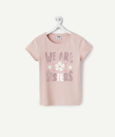 CategoryModel (8824503009422@13)  - T-SHIRT FILLE EN COTON BIO ROSE AVEC MESSAGE SISTERS EN SEQUINS RÉVERSIBLES