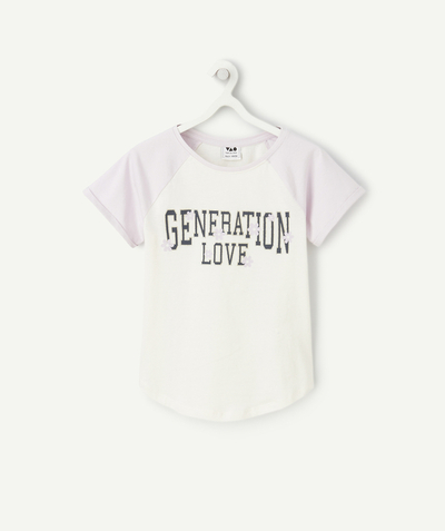 CategoryModel (8824896389262@14)  - T-SHIRT FILLE EN COTON BIO MAUVE ET ÉCRU MESSAGE GENERATION LOVE