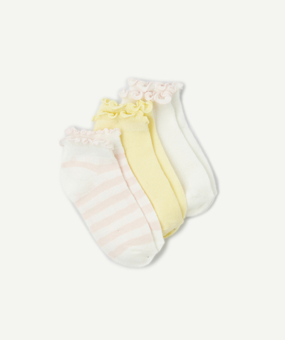 CategoryModel (8821759508622@1735)  - pakket van 3 paar roze, witte en gele meisjessokken met franje