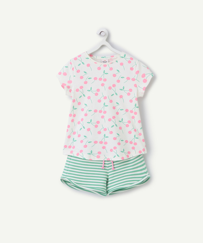 CategoryModel (8821759410318@499)  - Roze en groen gestreepte pyjama met kersenprint van biologisch katoen voor meisjes