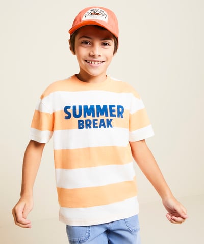 CategoryModel (8821761441934@2226)  - oranje en ecru gestreept biologisch katoenen jongens t-shirt met korte mouwen zomerboodschap