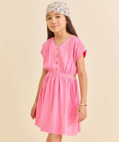 CategoryModel (8824765579406@124)  - robe fille en matière gaufré rose avec ouvertures cotés