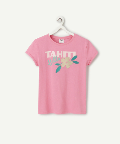 CategoryModel (8821760065678@125)  - T-shirt met korte mouwen voor meisjes in roze biologisch katoen met een Tahitiaans motief