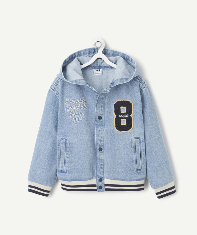   - veste à capuche garçon en denim low impact thème campus et patch bouclette