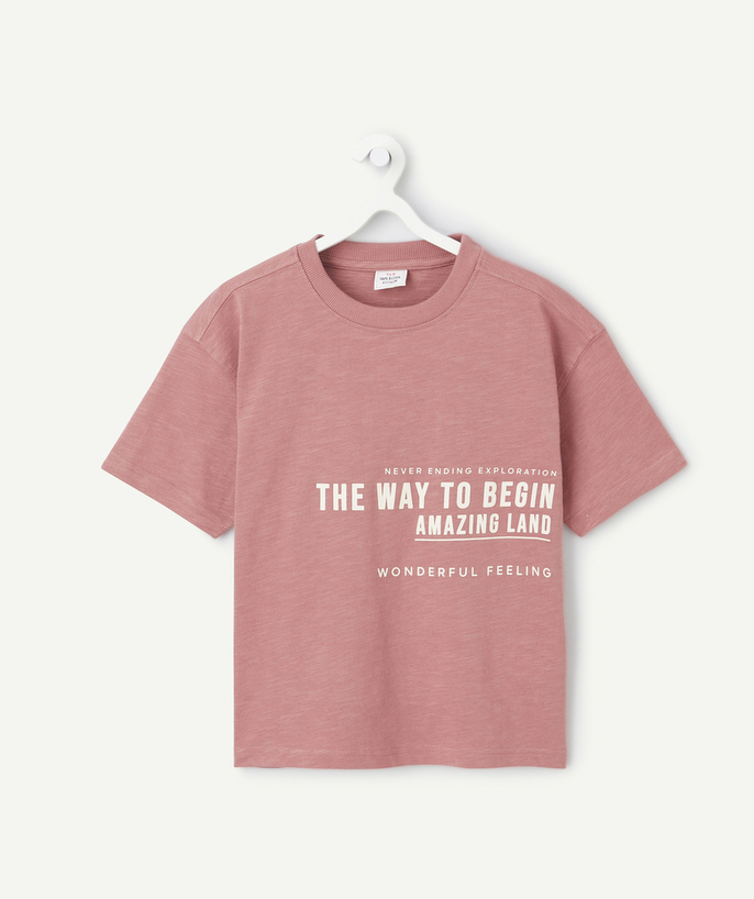   - roze biologisch katoenen jongens-T-shirt met korte mouwen en boodschap