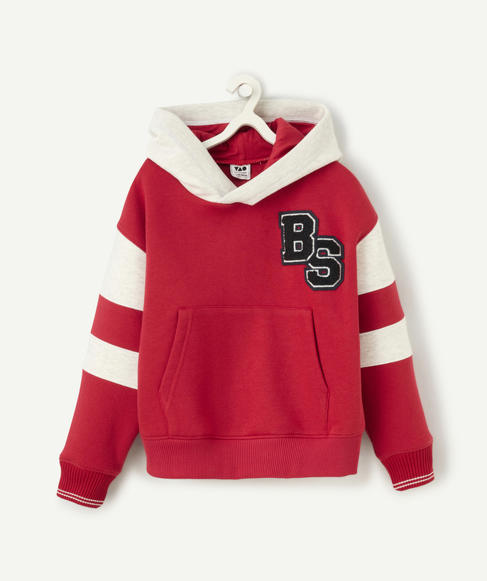   - sweat à capuche garçon en fibres recyclées rouge et gris chiné avec patch en bouclette