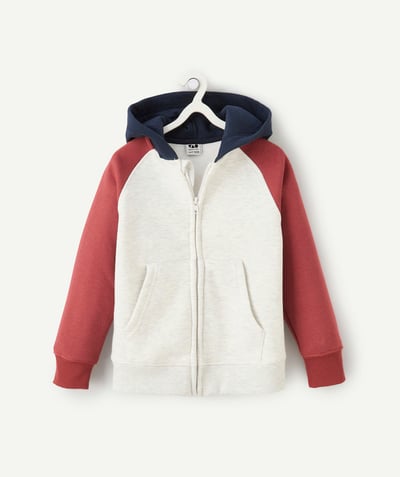 CategoryModel (8826371571854@276)  - gilet à capuche garçon en fibres recyclées écru rouge et bleu