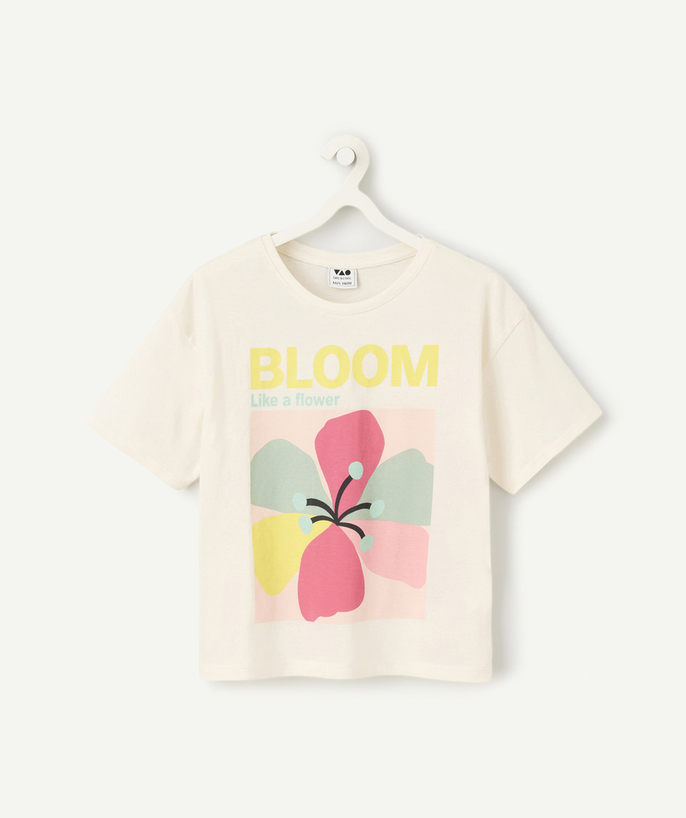   - t-shirt manches courtes fille en coton bio blanc avec motif fleurs