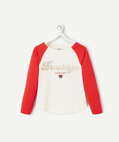 CategoryModel (8821758591118@1639)  - T-shirt van ecru en rood biologisch katoen voor meisjes met glitterboodschap