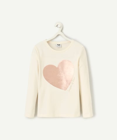 CategoryModel (8824667570318@1406)  - t-shirt fille en coton bio écru avec coeur rose en sequins réversibles