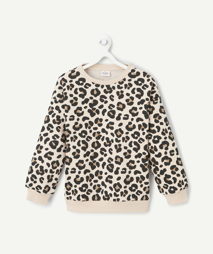   - sweatshirt met lange mouwen met luipaardprint voor meisjes in beige gerecyclede vezels