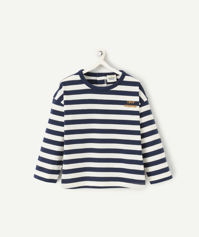   - T-shirt met lange mouwen voor babyjongens in marineblauw en ecru biologisch katoen met boodschap op hartje