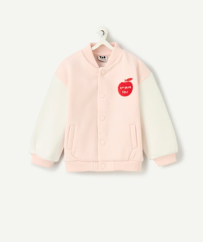   - veste teddy bébé fille en fibres recyclées écru et rose pâle avec patch en bouclette