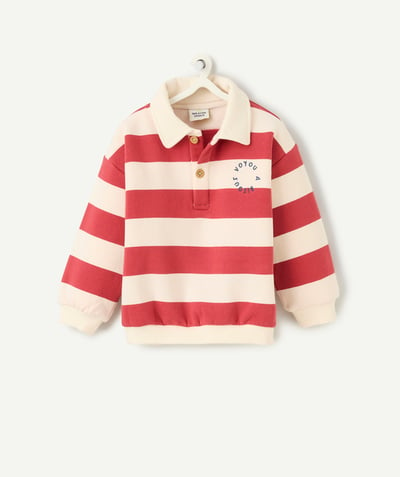 CategoryModel (8821752889486@4204)  - Sweater met lange mouwen van gerecyclede vezels voor babyjongens, gestreepte polostijl, ecru en rood