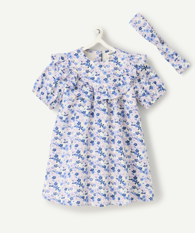   - robe manches courtes bébé fille en coton bio écru imprimé petite fleurs lilas