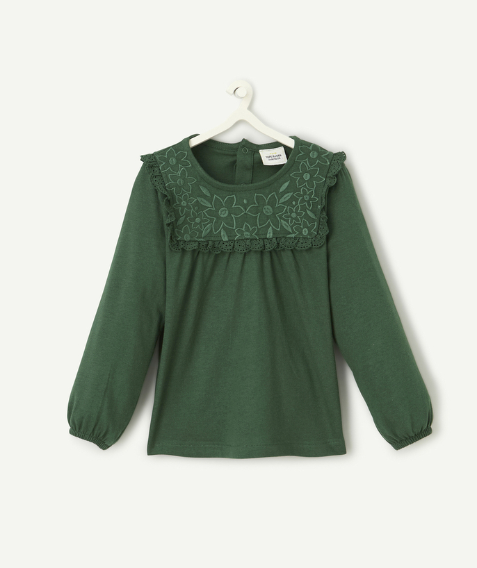   - t-shirt bébé fille en coton bio vert avec broderies et volants