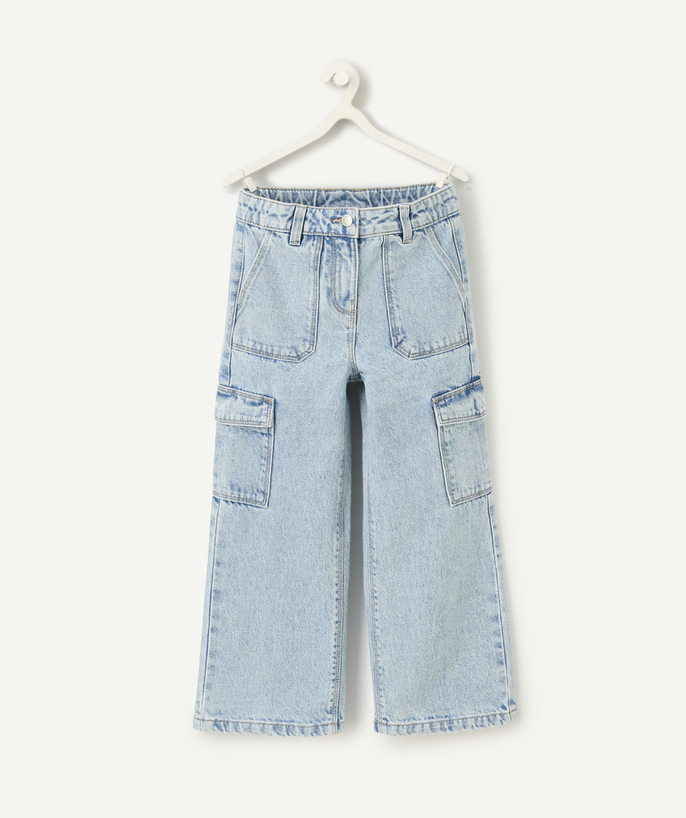   - pantalon cargo fille en fibres recyclées et denim bleu délavé