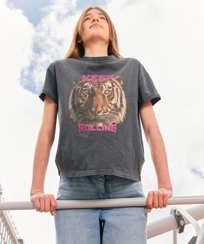 CategoryModel (8821765701774@1295)  - t-shirt fille en coton gris foncé avec message et motif tigre
