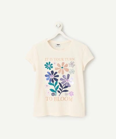 CategoryModel (8821758591118@1639)  - T-shirt van ecru biologisch katoen voor meisjes met omkeerbare lovertjesbloemen