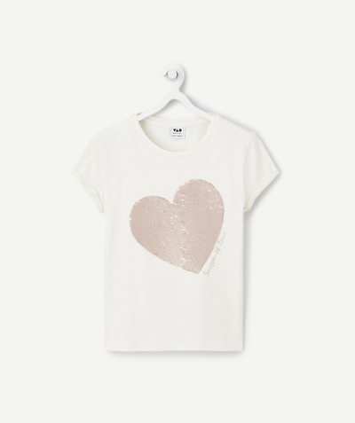 CategoryModel (8821758591118@1639)  - t-shirt manches courtes fille en coton bio écru avec cœur sequins
