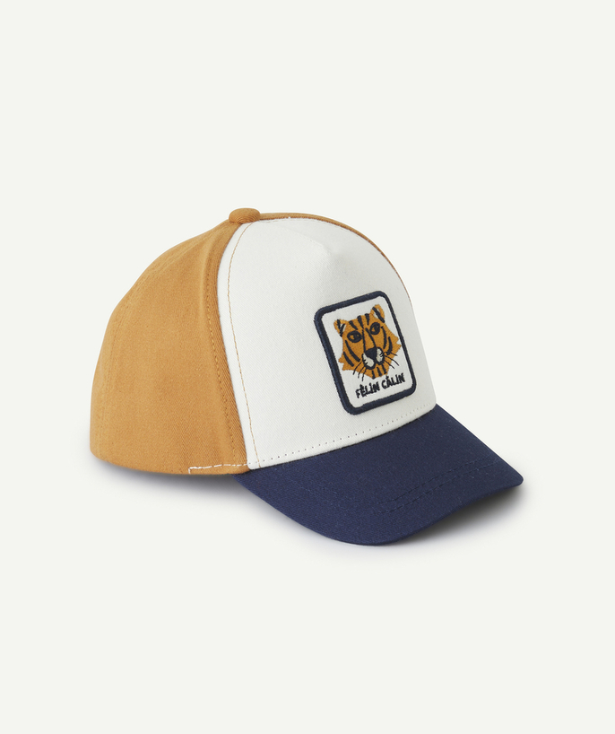   - casquette bébé garçon blanc bleu et camel avec patch tigre