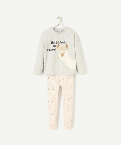 CategoryModel (8821759574158@3084)  - pyjama fille en coton bio gris chiné et rose pâle imprimé lamas