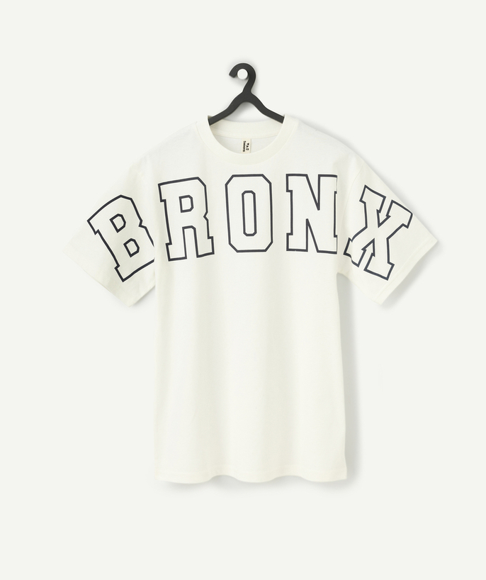   - wit biologisch katoenen jongens t-shirt met korte mouwen en bronx boodschap