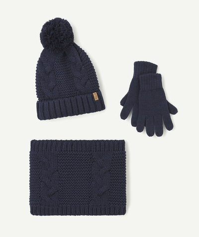 CategoryModel (8826633289870@3)  - set bonnet snood et gants tricotés en fibres recyclées bleu marine