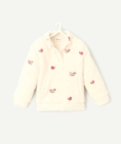 CategoryModel (8821752627342@3704)  - sweat bébé fille en sherpa écru et fleurs roses brodées