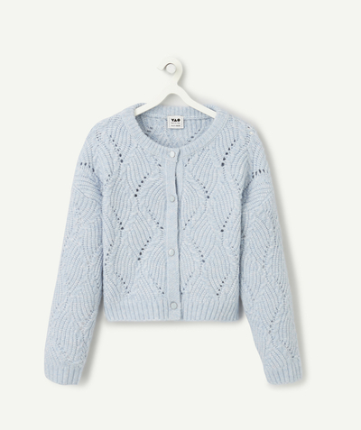 CategoryModel (8826176274574@2)  - cardigan fille en fibres recyclées et tricot bleu ajouré