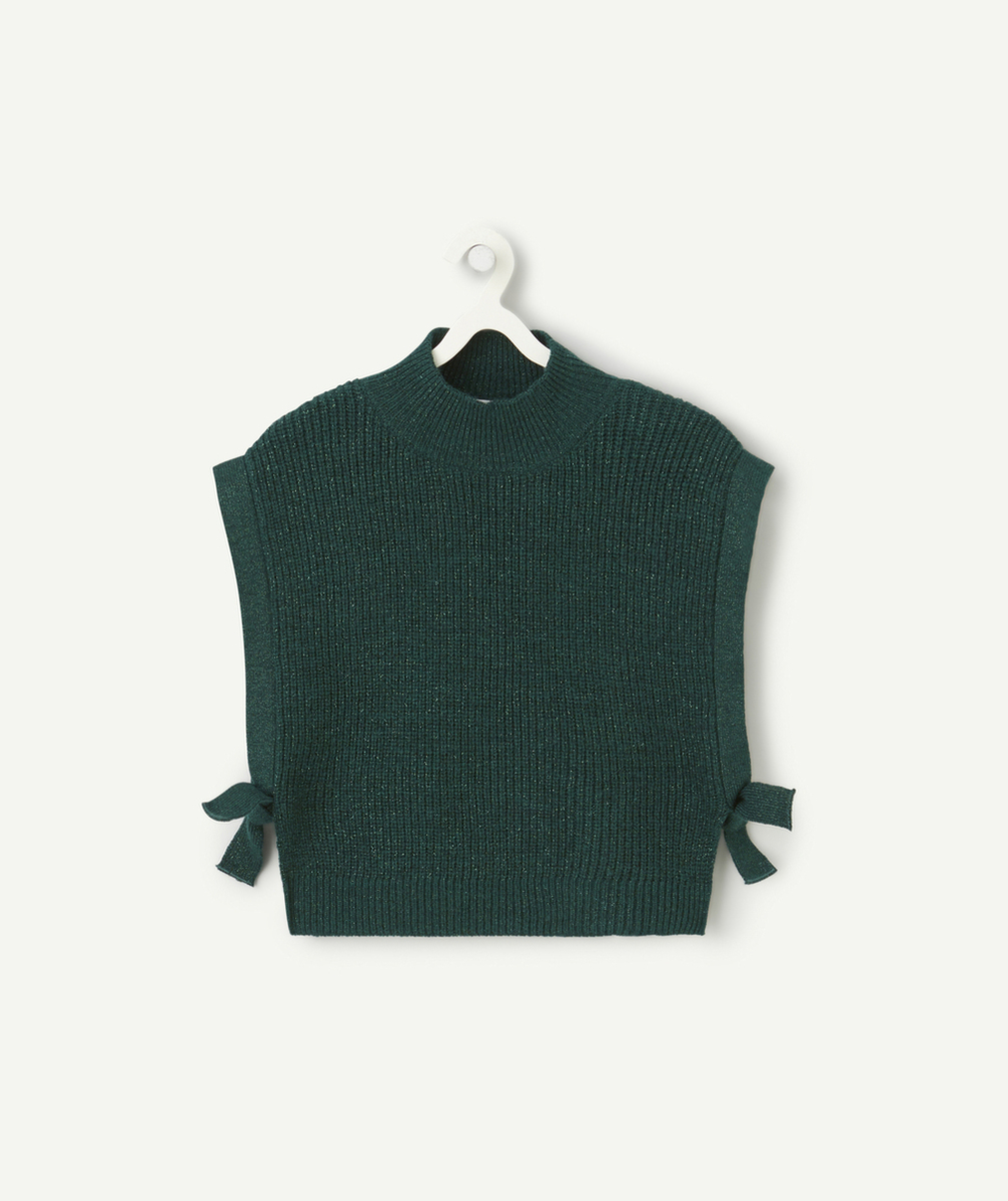   - pull sans manches fille vert forêt pailleté et nœuds 