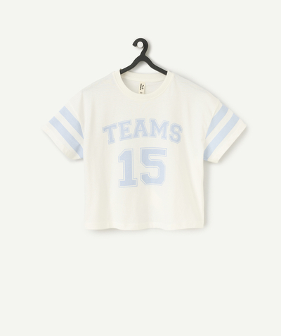 CategoryModel (8821764751502@435)  - T-shirt voor meisjes in wit biologisch katoen met blauwe boodschappen en nummers
