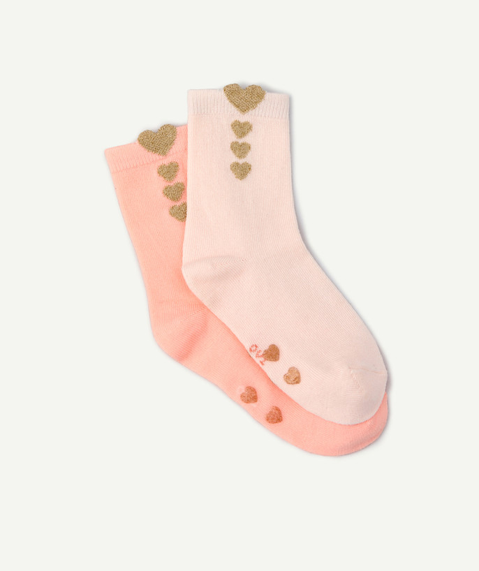   - LES 2 PAIRES DE CHAUSSETTES ROSES AUX COEURS COULEUR DORÉE