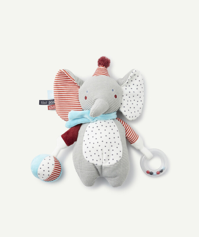   - LE DOUDOU ÉLÉPHANT COLORÉ RAYÉ ET À POIS AUX JOUETS INTÉGRÉS