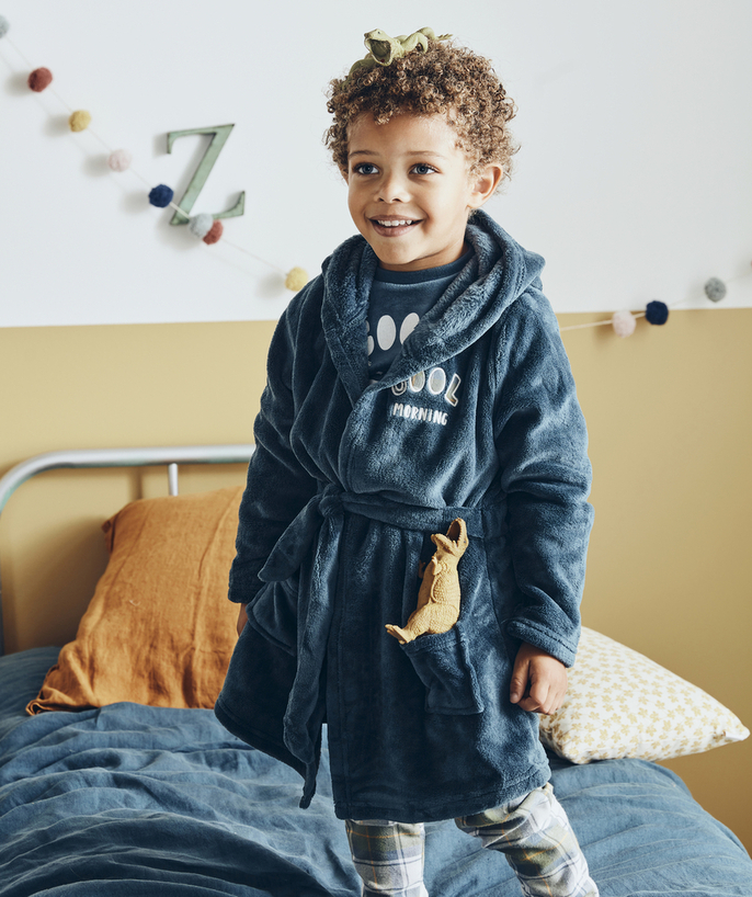   - BLAUWE FLEECE BADJAS MET GEBORDUURDE BOODSCHAP GOEDEMORGEN JONGEN