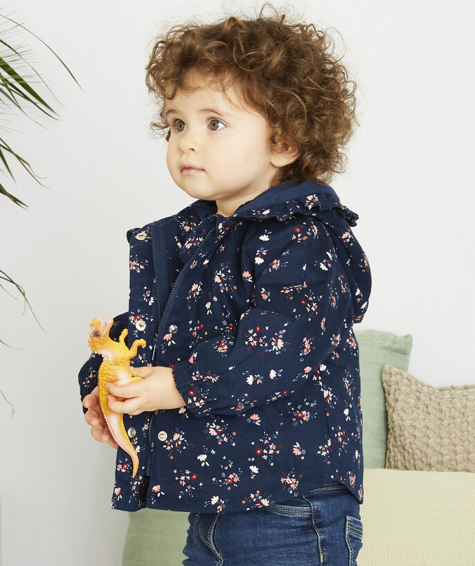   - BLAUWE PARKA MET FLEURIGE, BLAUWE PRINT EN CAPUCHON