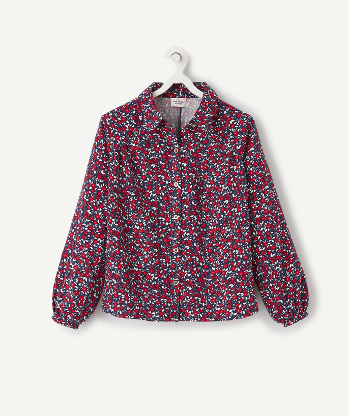   - CHEMISE BLEUE AVEC FLEURS ROUGES EN VISCOSE RESPONSABLE FILLE