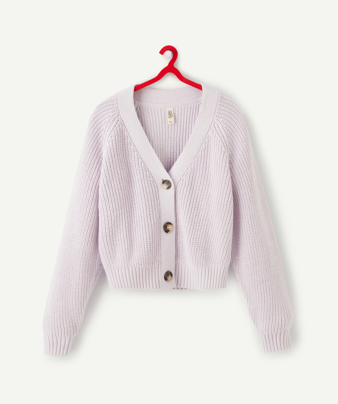   - CARDIGAN FILLE VIOLET EN MAILLE AVEC BOUTONS ET COL EN V