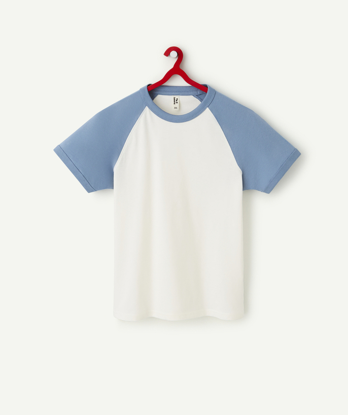   - ECRU EN BLAUW T-SHIRT VAN GERECYCLEERD KATOEN, VOOR JONGENS