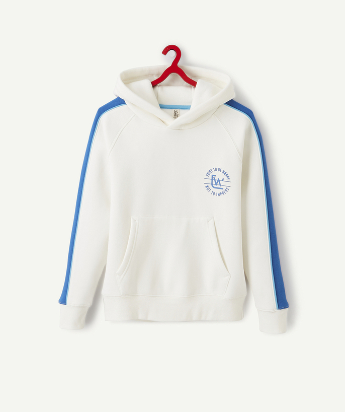   - WITTE SWEATER MET BLAUWE BANDEN EN CAPUCHON