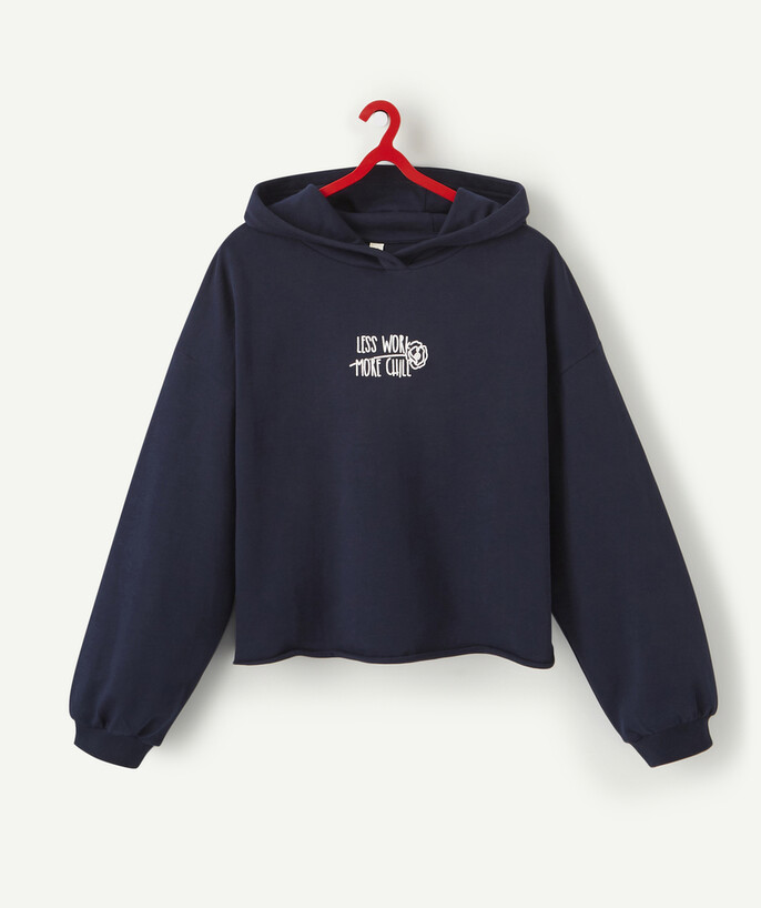   - LE SWEAT BLEU MARINE EN COTON AVEC CAPUCHE ET MESSAGE