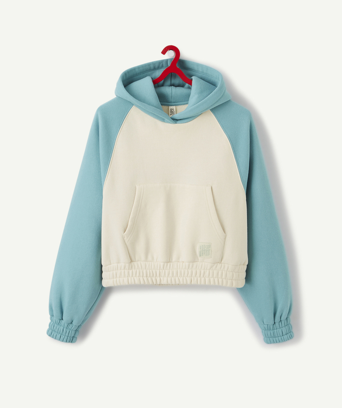   - KORTE, TURQUOISE EN BEIGE SWEATER MET CAPUCHON