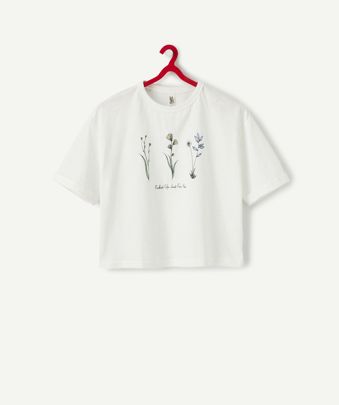   - LE T-SHIRT BLANC COURT EN COTON BIOLOGIQUE AVEC FLEURS FLOQUÉES