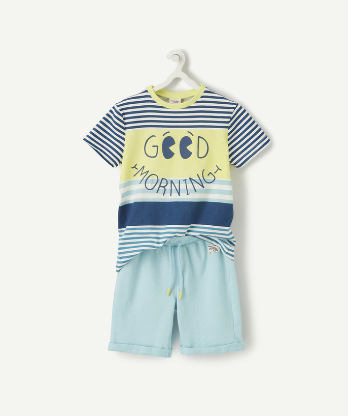   - BLAUW EN GELE PYJAMA SHORT MET FLOCK BOODSCHAP