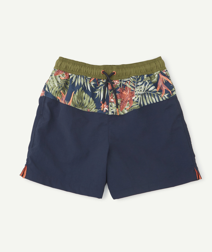   - MARINEBLAUWE ZWEMSHORT VAN GERECYCLEERDE VEZELS, MET TROPICAL PRINT