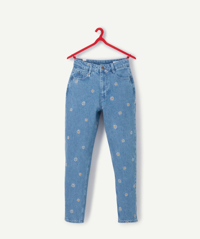   - JEAN MOM FILLE EN DENIM BLEU LESS IMPACT AVEC FLEURS BRODÉES 