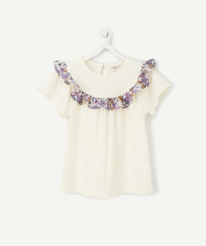   - T-SHIRT BLANC EN COTON BIO AVEC VOLANTS FLEURIS FILLE