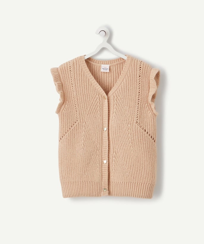   - BEIGE GILET VAN TRICOT, MET KORTE MOUWEN EN PAILLETTEN