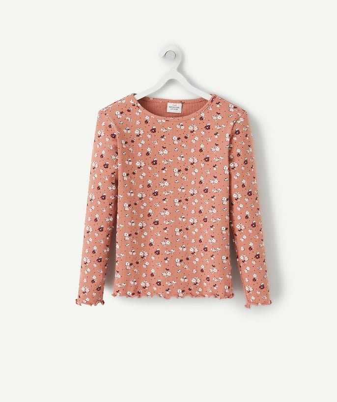   - ROZE GERIBD T-SHIRT VAN BIOKATOEN MET BLOEMENPRINT VOOR MEISJES