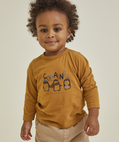 CategoryModel (8824896520334@13)  - T-SHIRT BÉBÉ GARÇON EN COTON MARRON MOTIFS PINGOUINS ET MESSAGE